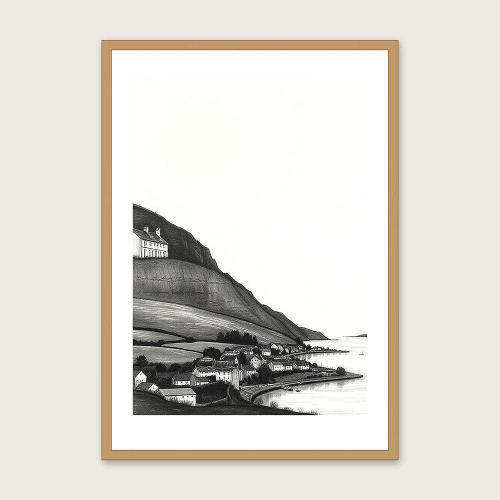 Loch Shiel Charcoal Wall Art - Framed Black & White Print - Oak Frame, A3