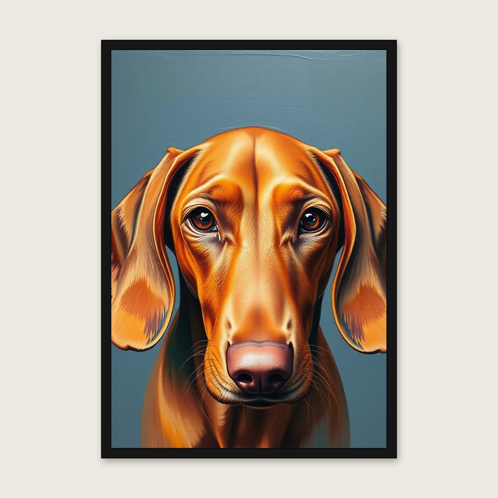 Vizsla Impasto Print - Framed Colourful Animal Wall Art shown in a black frame