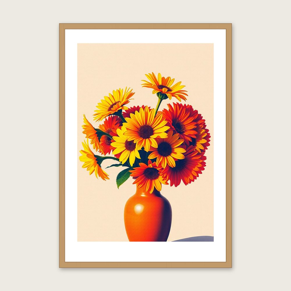 Framed Riso Print of Honesty - Colourful Botanical Wall Art in a oak frame