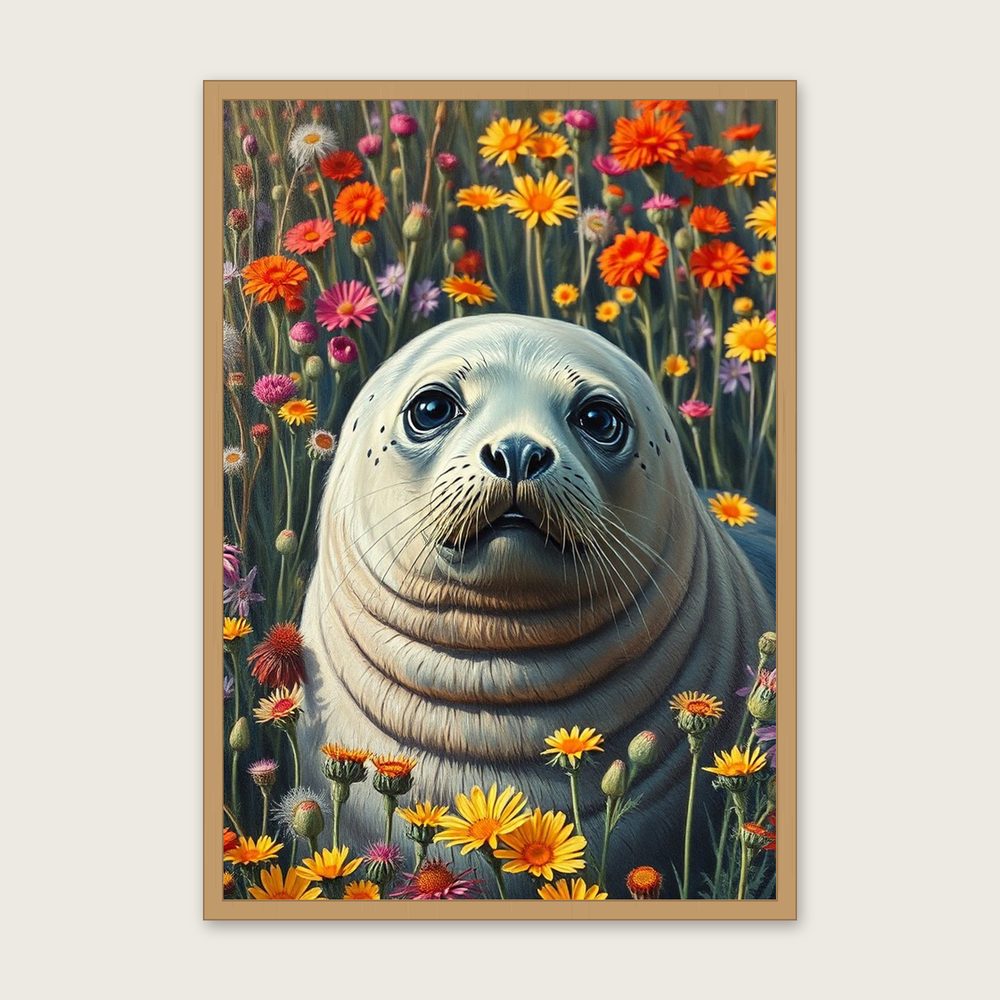 Common Seal Animal Wall Art - Framed Colourful Impasto Print in a oak frame