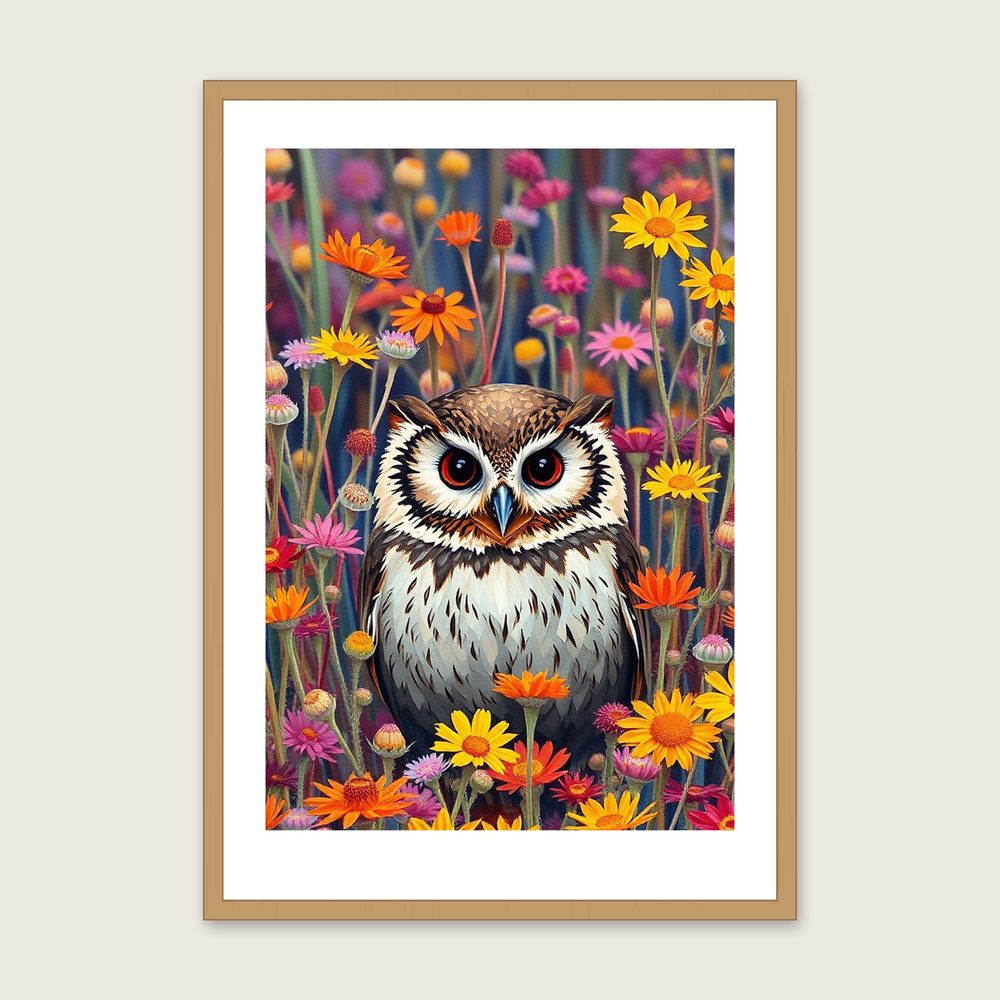 Little Owl - Framed Palette Knife Animal Print in Colourful in a oak frame
