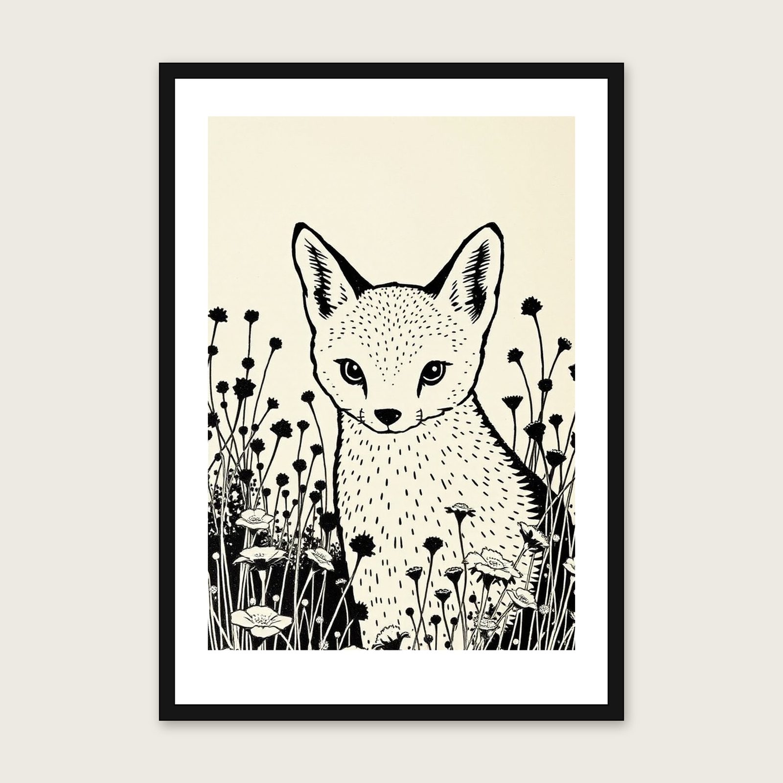 Framed Linocut Print of Shikoku - Two Tone Animal Wall Art shown in a black frame