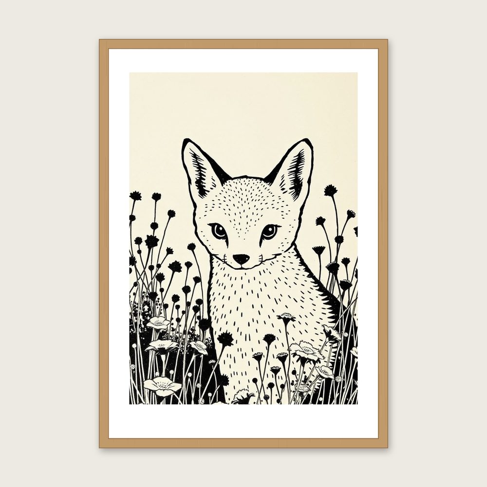 Framed Linocut Print of Shikoku - Two Tone Animal Wall Art - Oak Frame, A3
