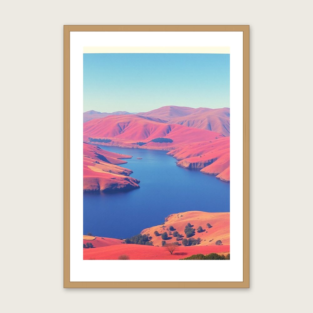 Framed Riso Print of Llyn Padarn - Colourful Landscape Wall Art - Oak Frame, A3