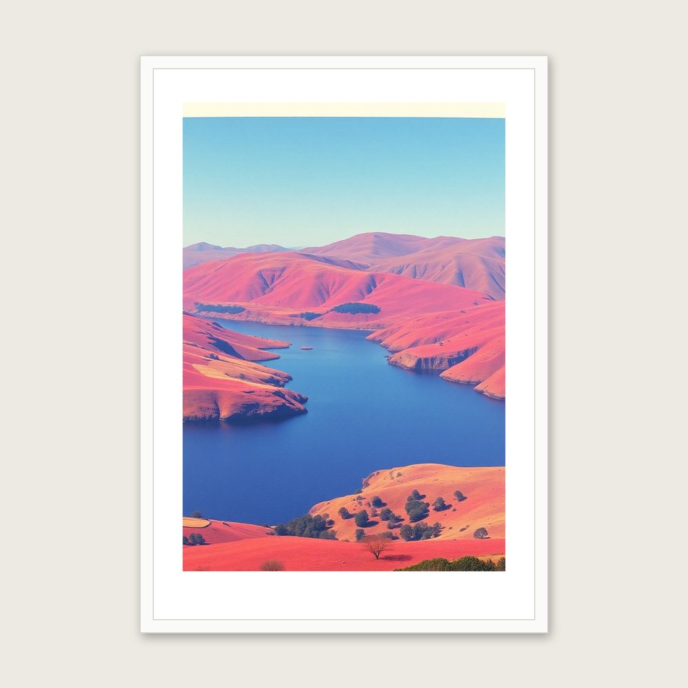 Framed Riso Print of Llyn Padarn - Colourful Landscape Wall Art - White Frame, A3