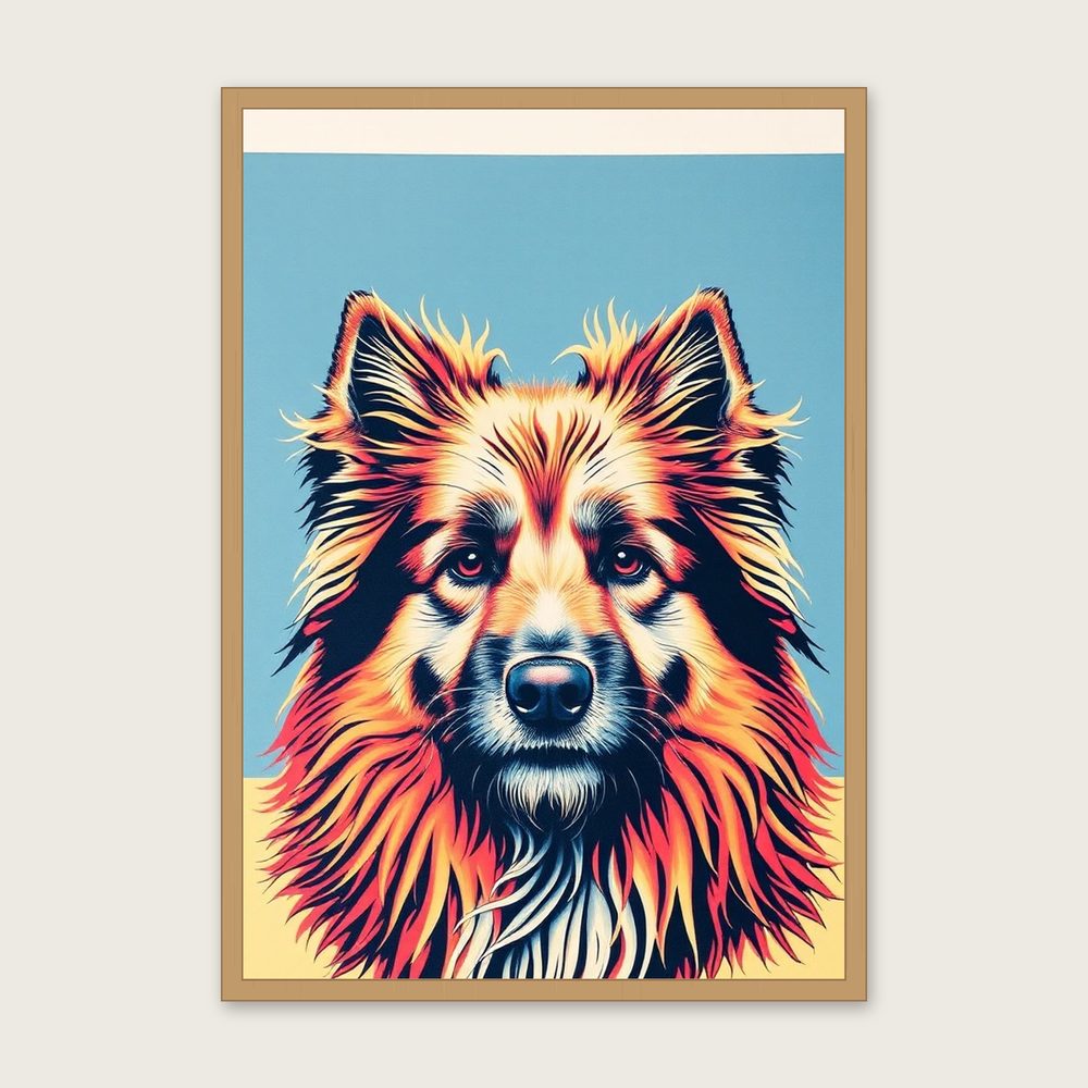 Pyrenean Sheepdog Riso Print - Framed Colourful Animal Wall Art - Oak Frame, A3