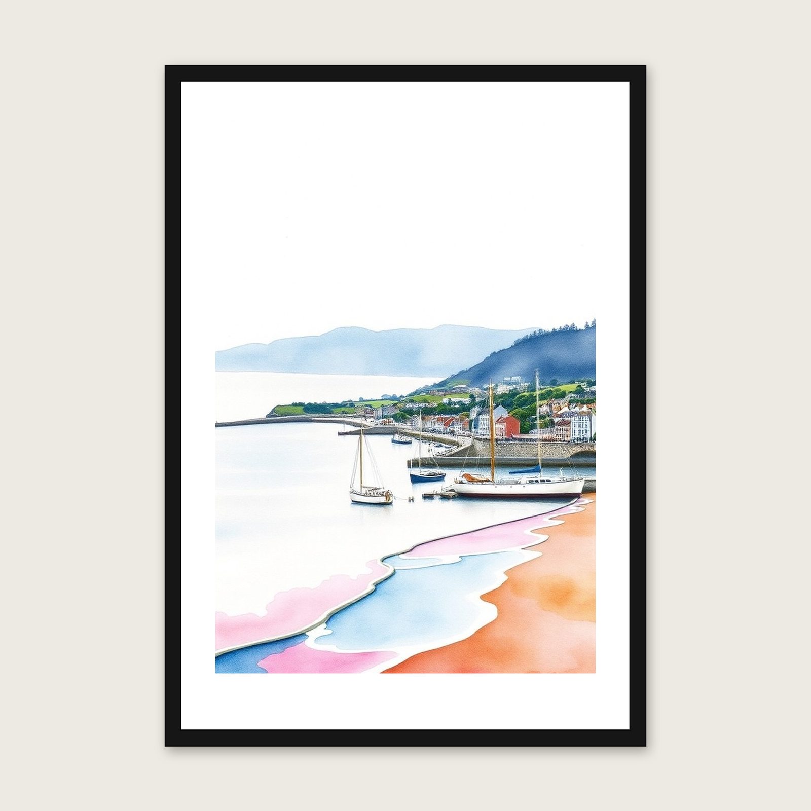 Dartmouth Harbour Watercolour Wall Art - Framed Two Tone Print - Black Frame, A3