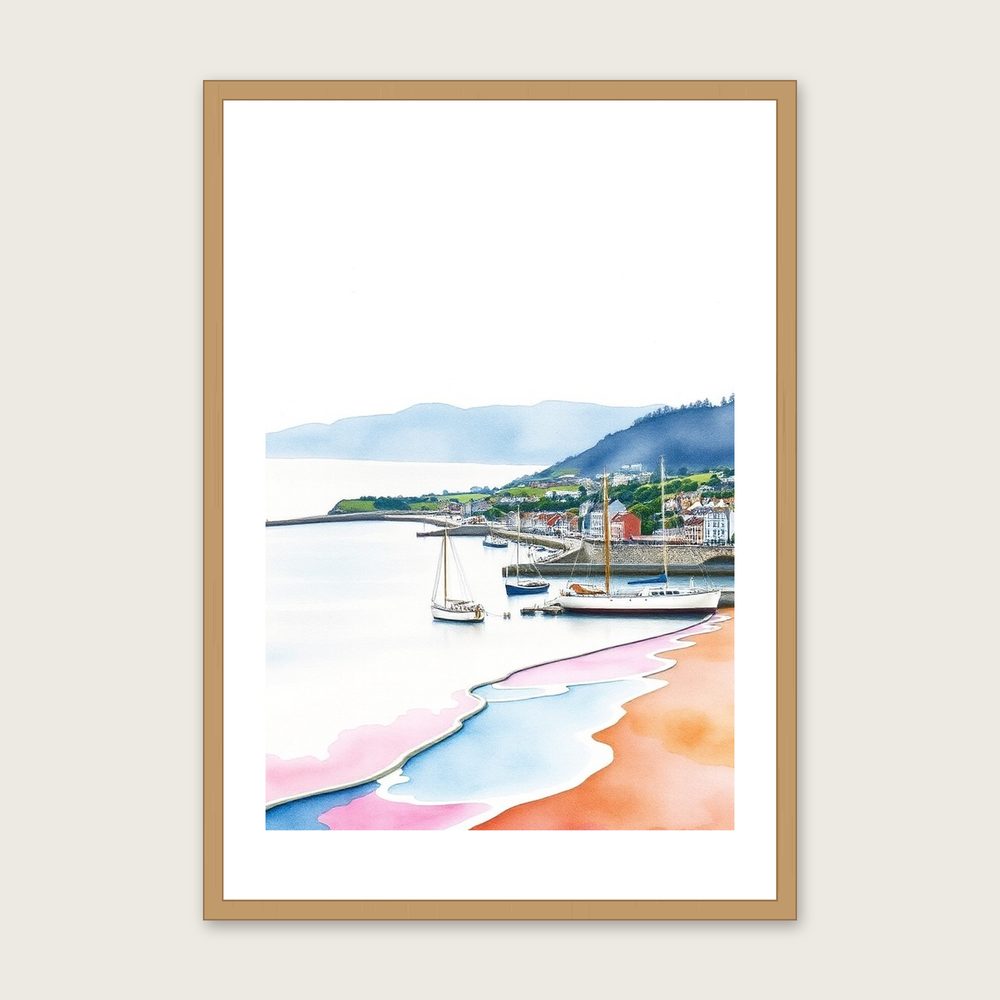 Dartmouth Harbour Watercolour Wall Art - Framed Two Tone Print - Oak Frame, A3