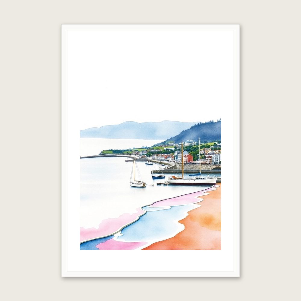 Dartmouth Harbour Watercolour Wall Art - Framed Two Tone Print - White Frame, A3