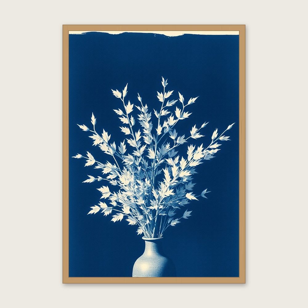 Framed Cyanotype Print of European Larch in Autumn - Two Tone Botanical Wall Art - Oak Frame, A3
