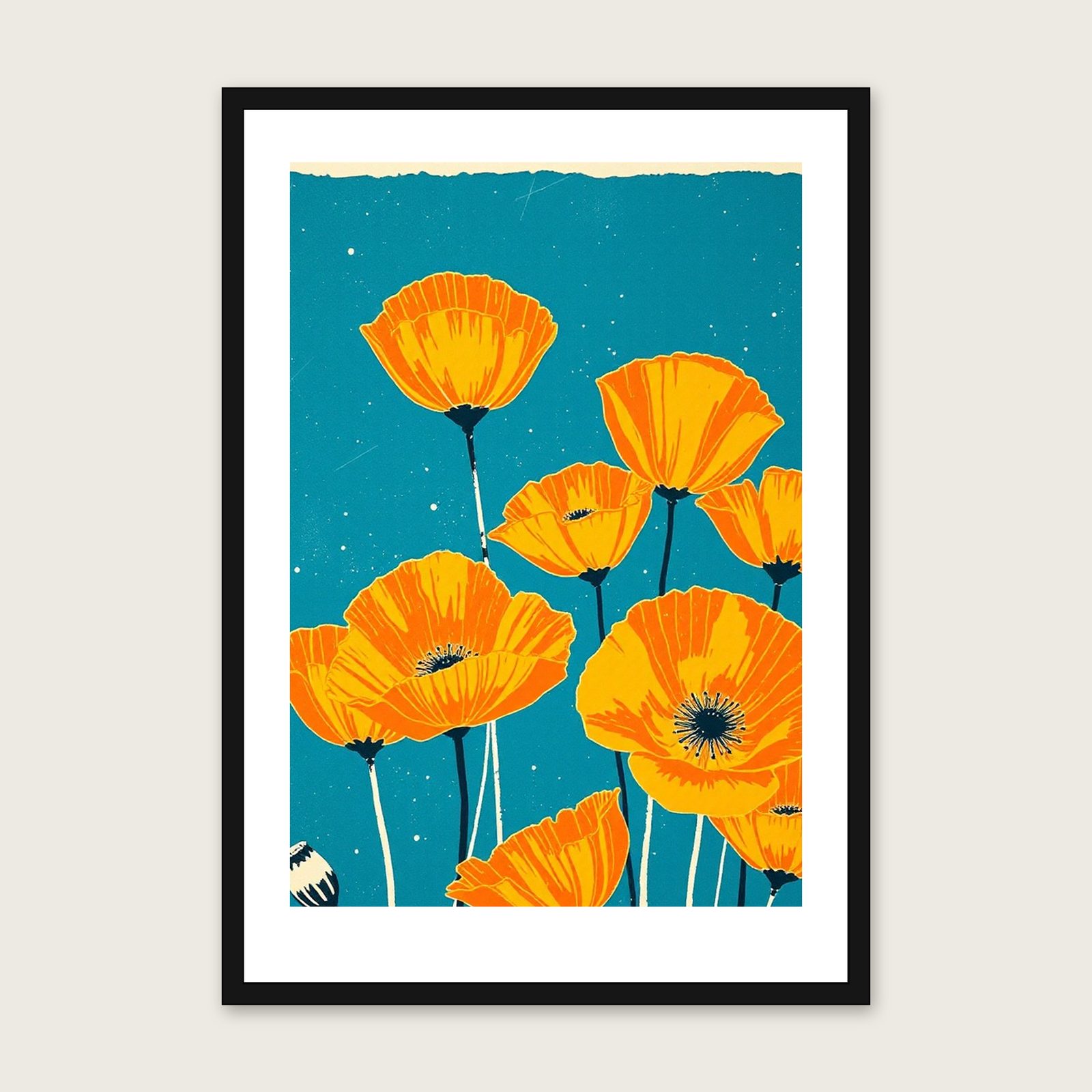 Yellow Horned Poppy Linocut Wall Art - Framed Bold Colour Print shown in a black frame