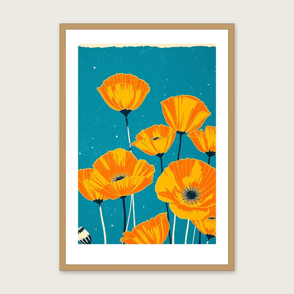 Yellow Horned Poppy Linocut Wall Art - Framed Bold Colour Print - Oak Frame, A3