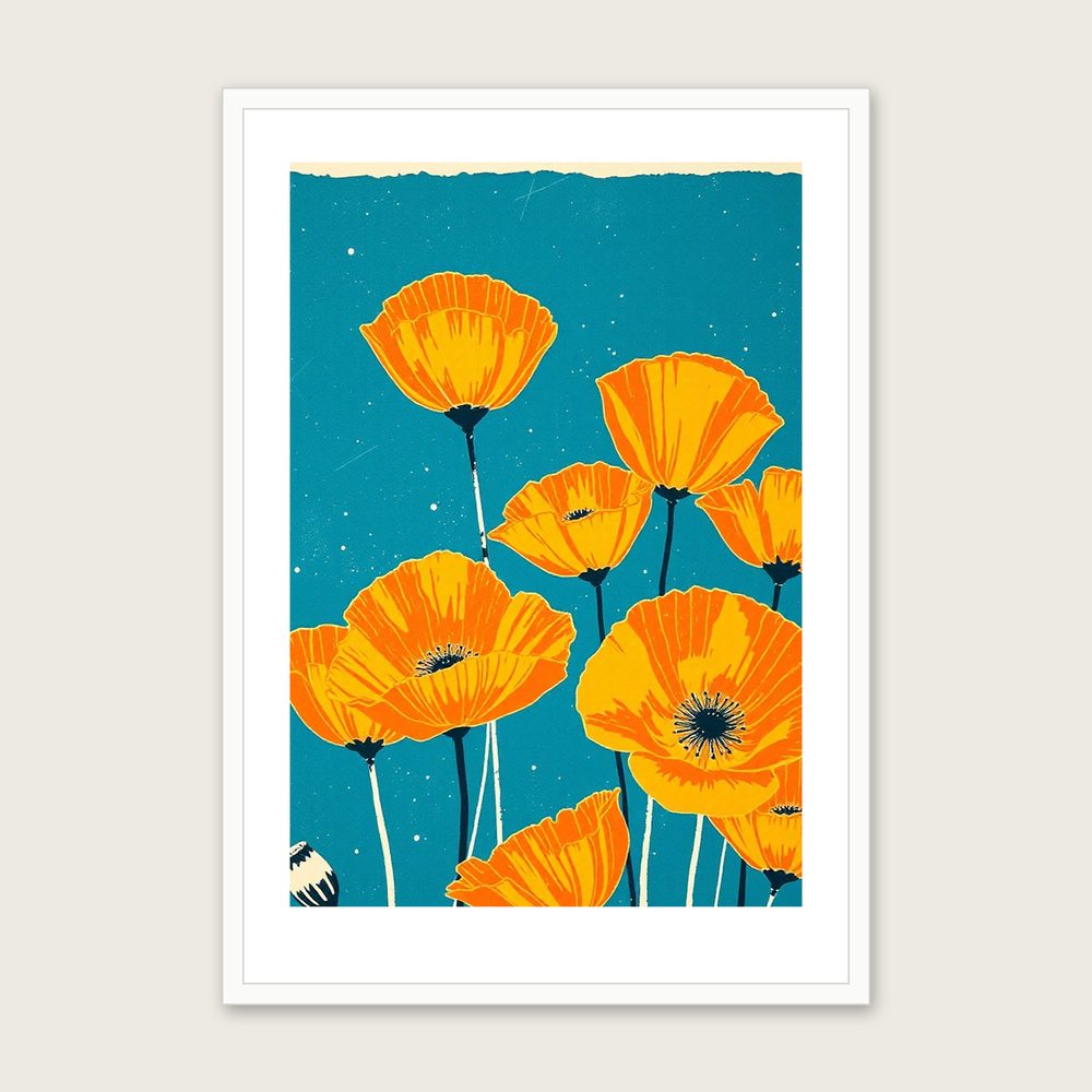 Yellow Horned Poppy Linocut Wall Art - Framed Bold Colour Print - White Frame, A3