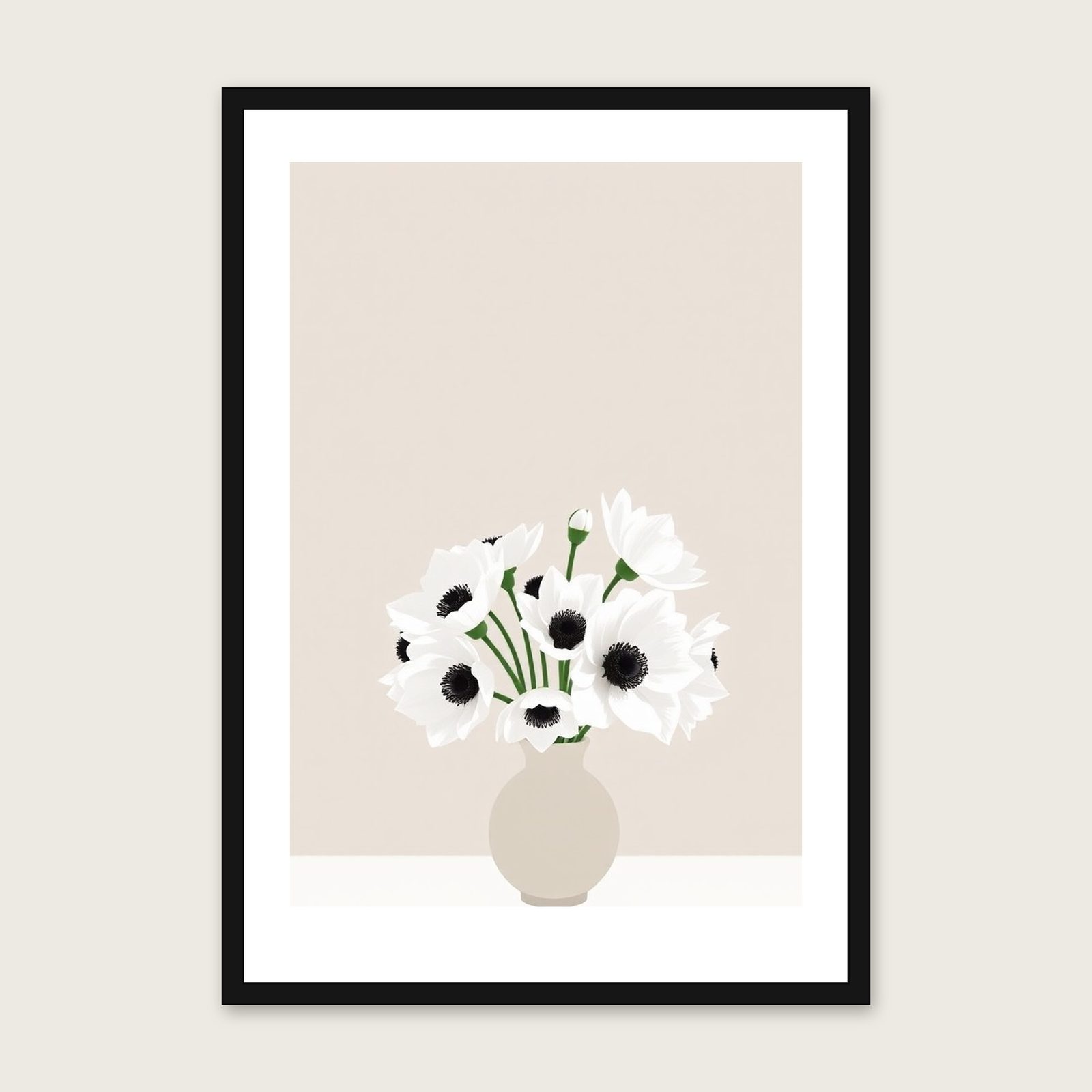 White Anemones Botanical Wall Art - Framed Two Tone Screen Print shown in a black frame