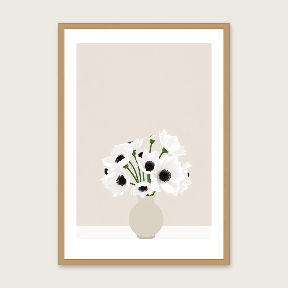 White Anemones Botanical Wall Art - Framed Two Tone Screen Print - Oak Frame, A3