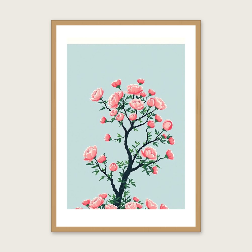Framed Screen Print of Peony Tree - Two Tone Botanical Wall Art - Oak Frame, A3
