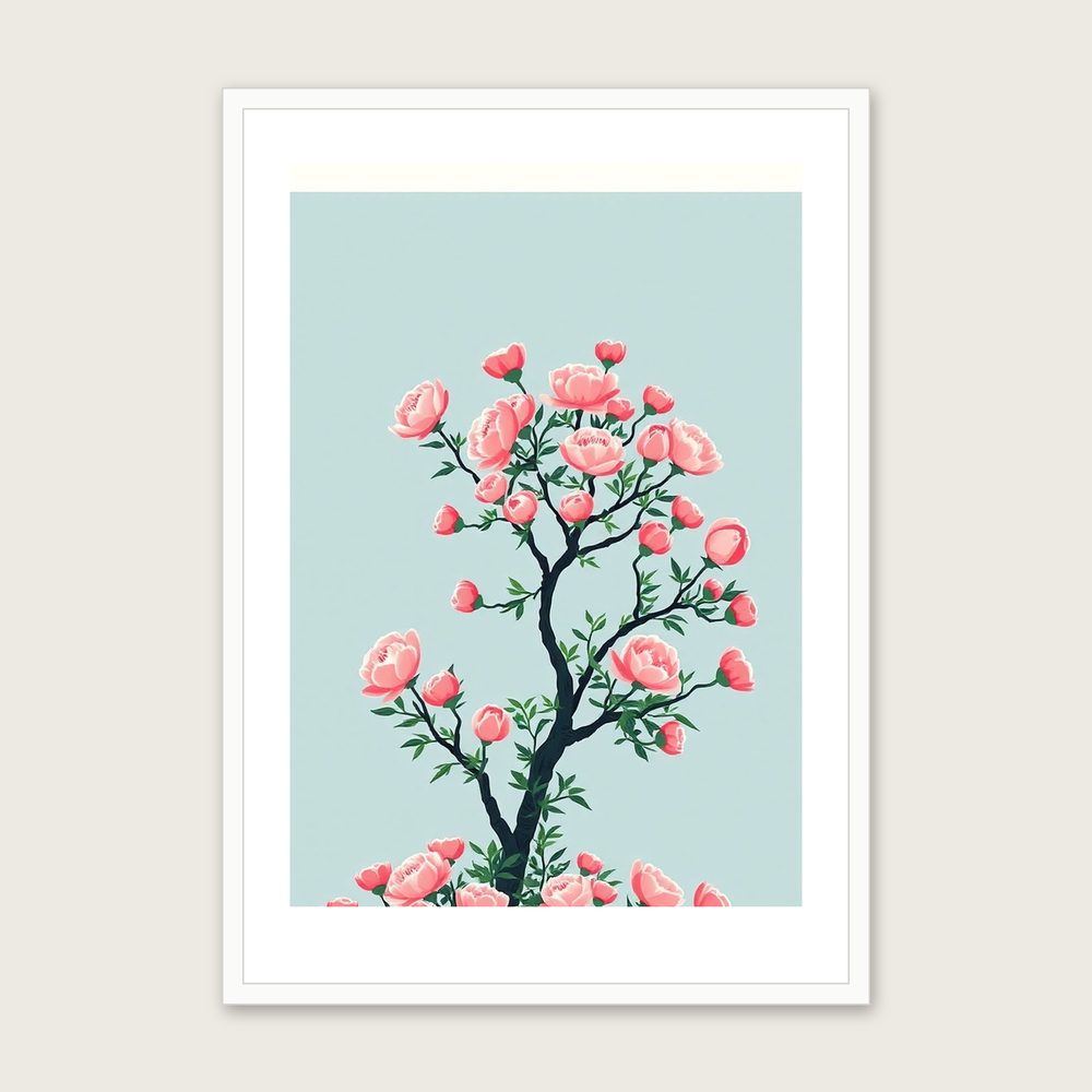 Framed Screen Print of Peony Tree - Two Tone Botanical Wall Art - White Frame, A3