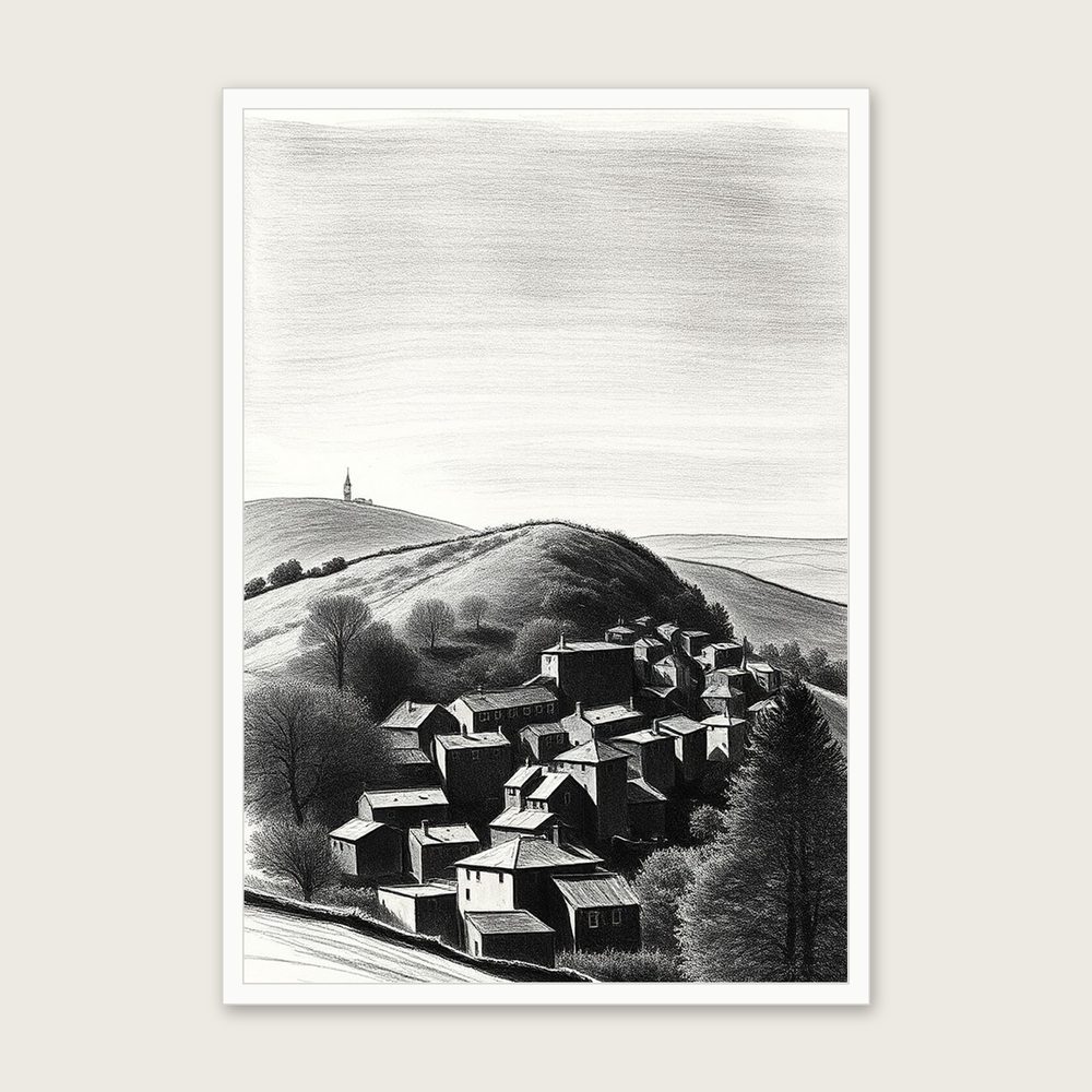 Win Hill Charcoal Print - Framed Black & White Landscape Wall Art in a white frame
