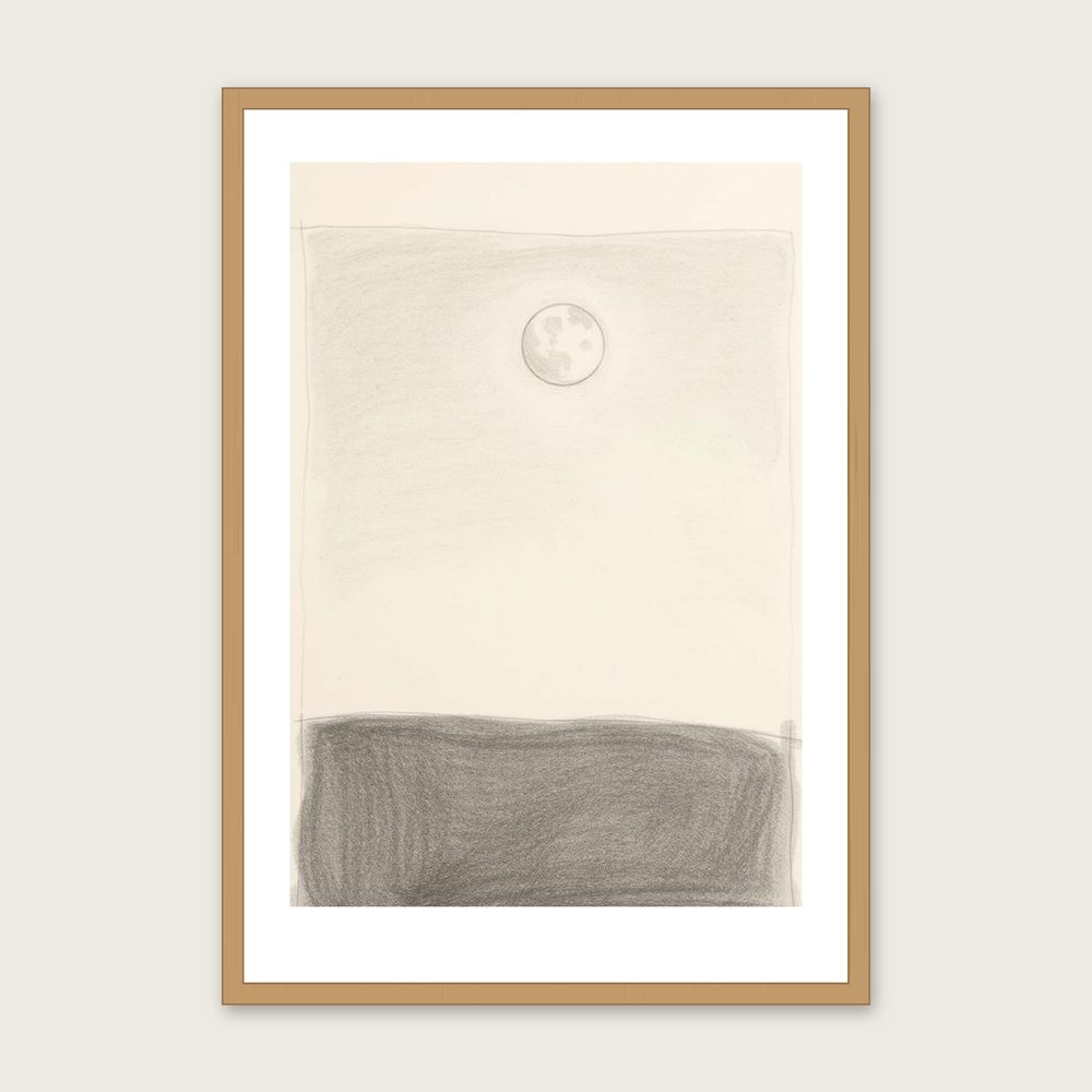 A Micromoon Celestial Wall Art - Framed Neutral & Beige Pencil Sketch Print - Oak Frame, A3