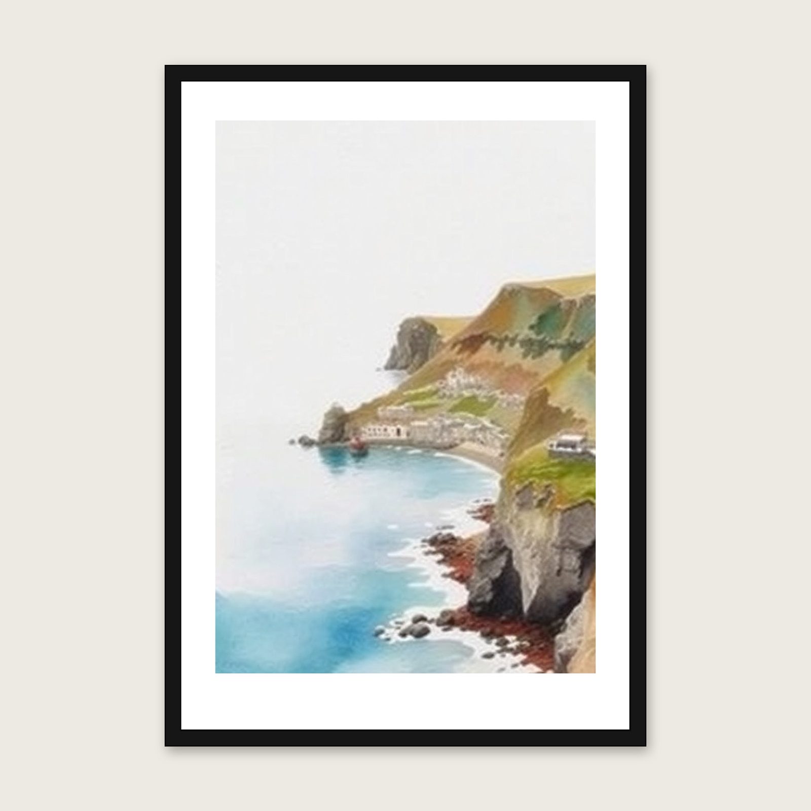 Boscastle Harbour Watercolour Print - Framed Two Tone Landscape Wall Art - Black Frame, A3