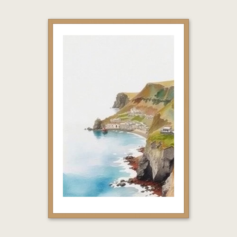 Boscastle Harbour Watercolour Print - Framed Two Tone Landscape Wall Art - Oak Frame, A3