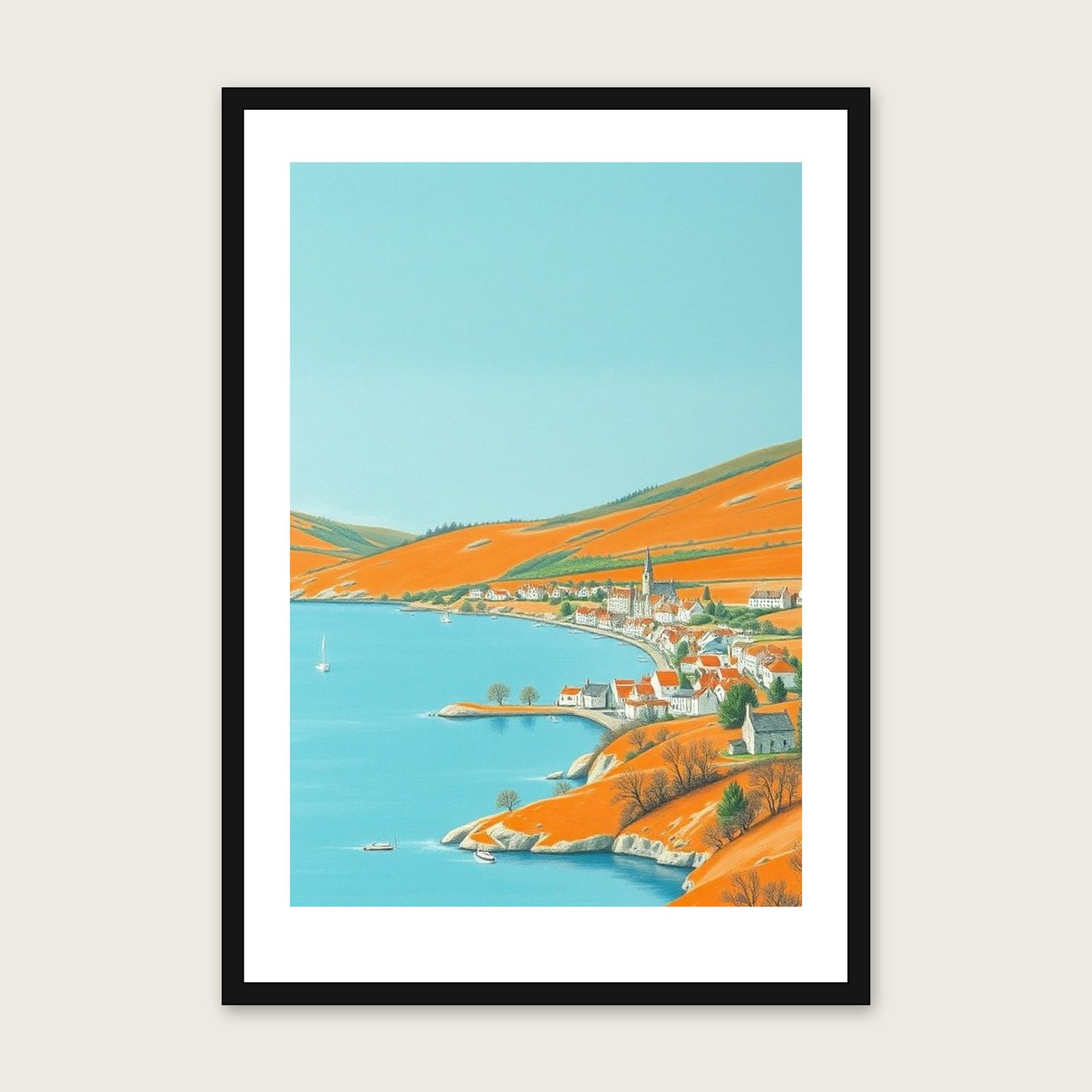 Loch Maree - Framed Pastel Landscape Print in Bold Colour - Black Frame, A3