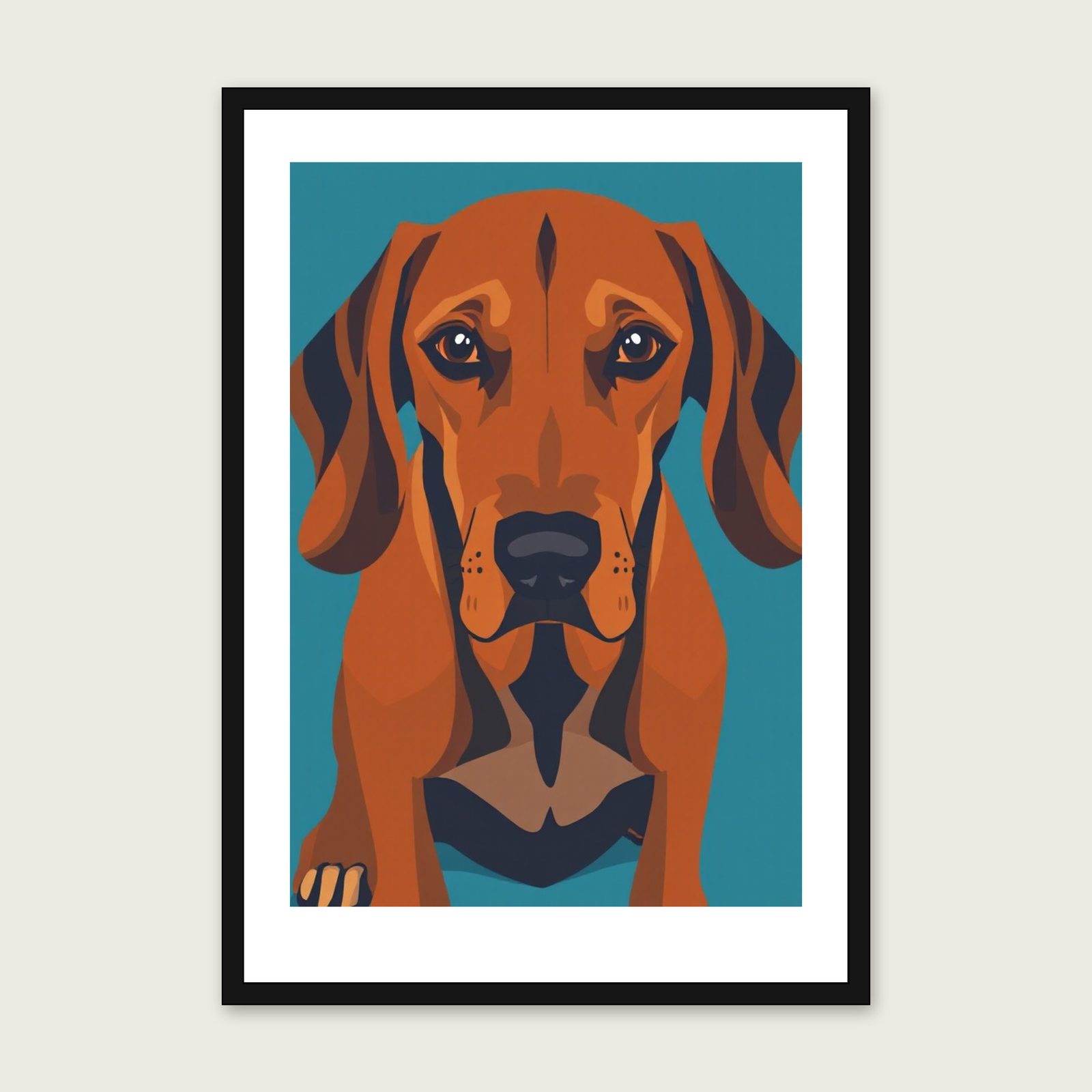Redbone Coonhound Screen Print - Framed Bold Colour Animal Wall Art shown in a black frame
