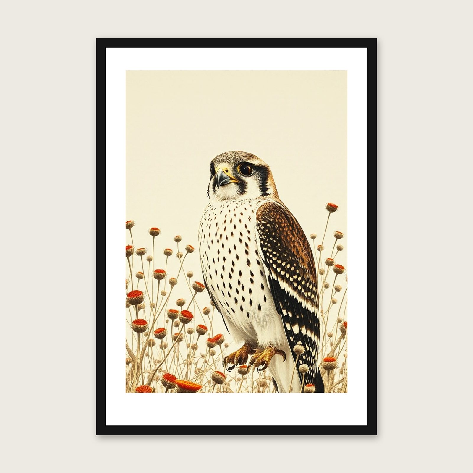Framed Monotype Print of Peregrine Falcon - Neutral & Beige Animal Wall Art shown in a black frame