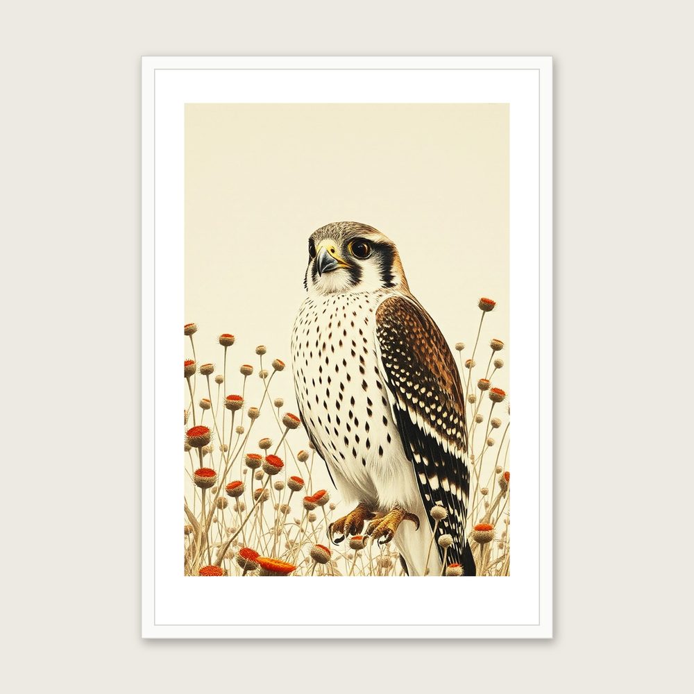 Framed Monotype Print of Peregrine Falcon - Neutral & Beige Animal Wall Art in a white frame