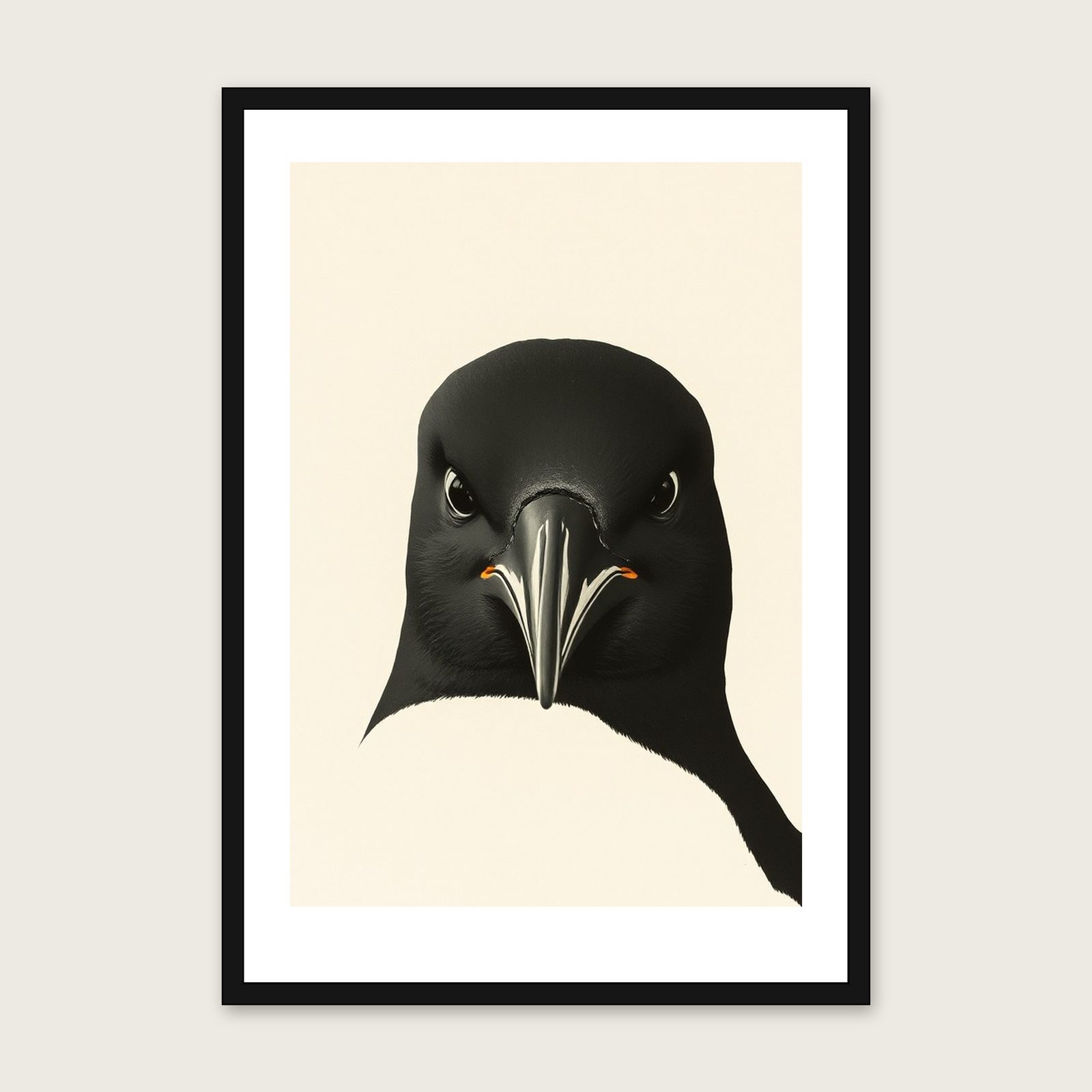 Black Guillemot Monotype Print - Framed Neutral & Beige Animal Wall Art shown in a black frame