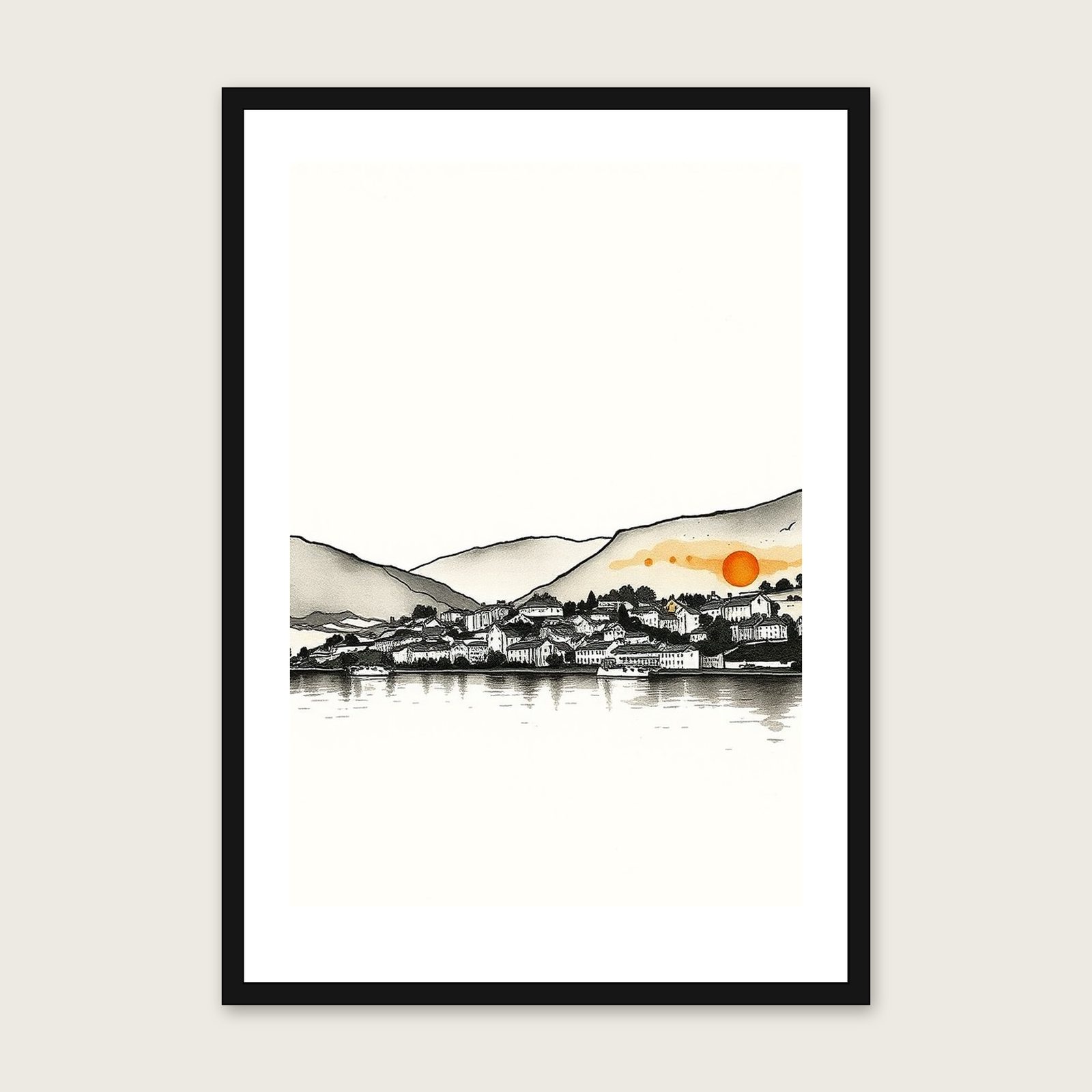Coniston Water Ink Wash Wall Art - Framed Neutral & Beige Print in a black frame