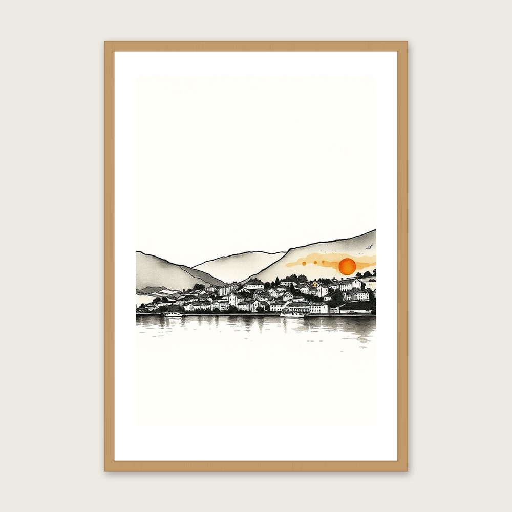 Coniston Water Ink Wash Wall Art - Framed Neutral & Beige Print - Oak Frame, A3