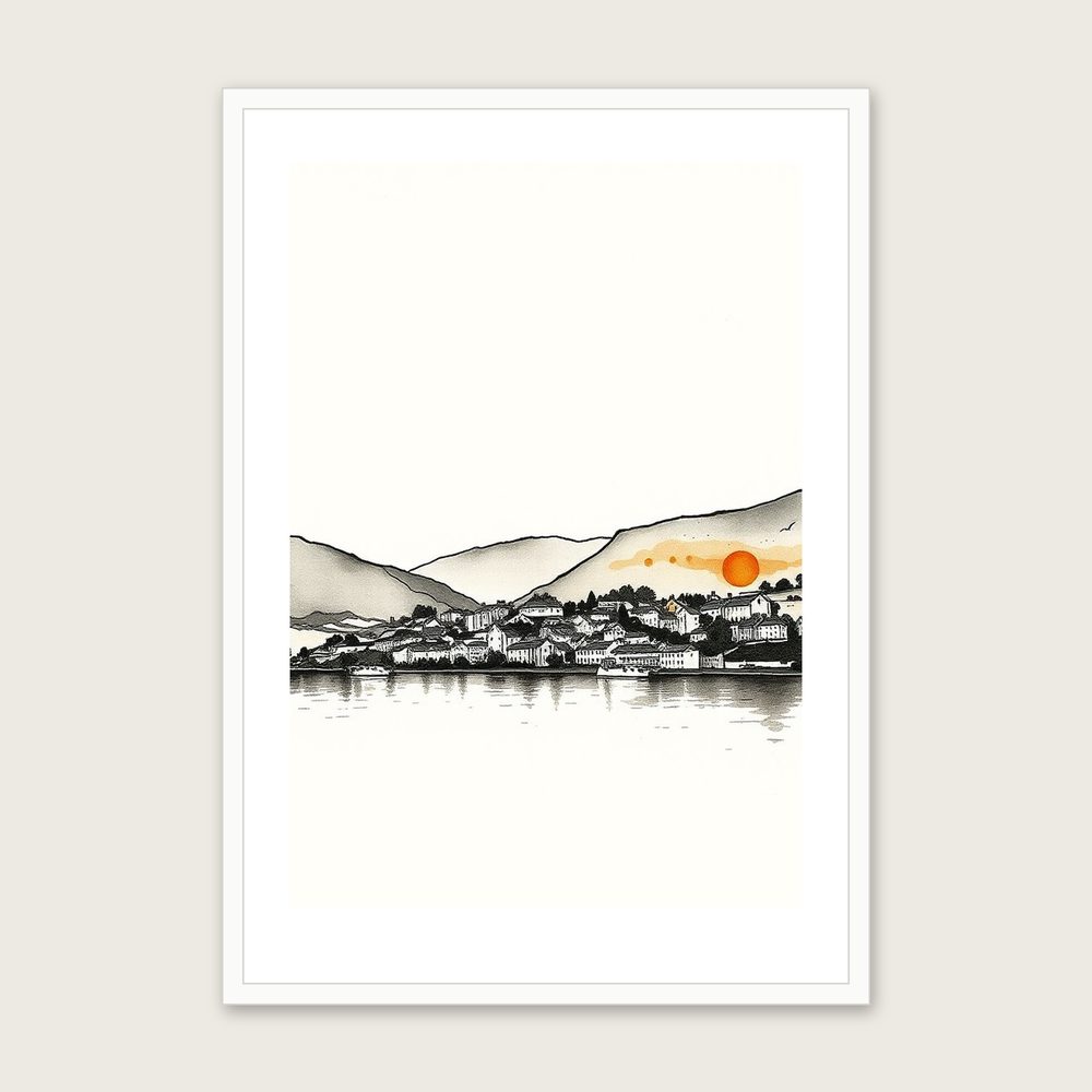Coniston Water Ink Wash Wall Art - Framed Neutral & Beige Print - White Frame, A3