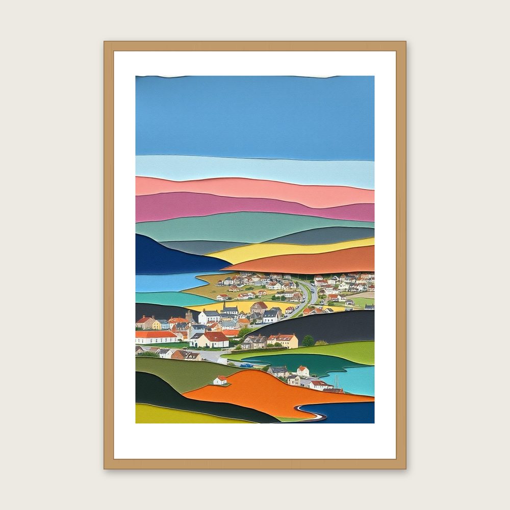Loch Muick Landscape Wall Art - Framed Colourful Collage Print in a oak frame