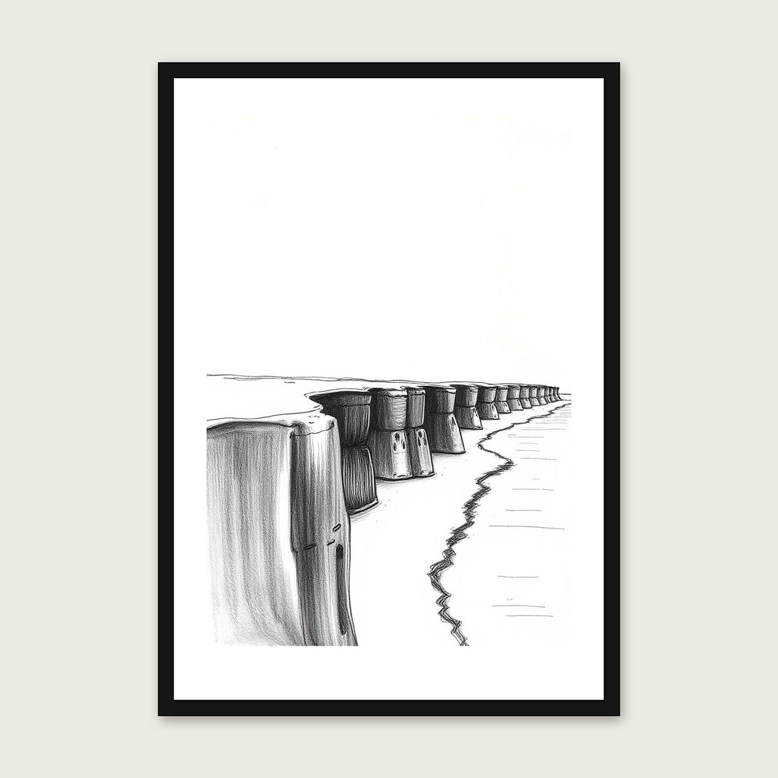 Framed Charcoal Print of Hunstanton Cliffs - Black & White Landscape Wall Art in a black frame