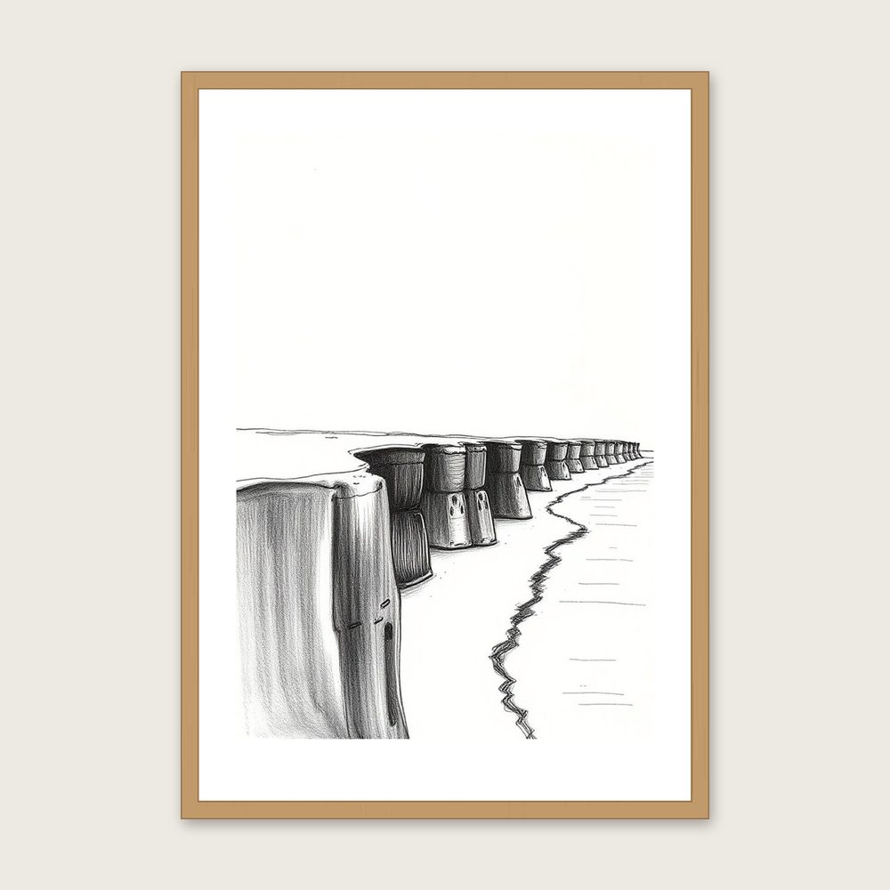 Framed Charcoal Print of Hunstanton Cliffs - Black & White Landscape Wall Art in a oak frame