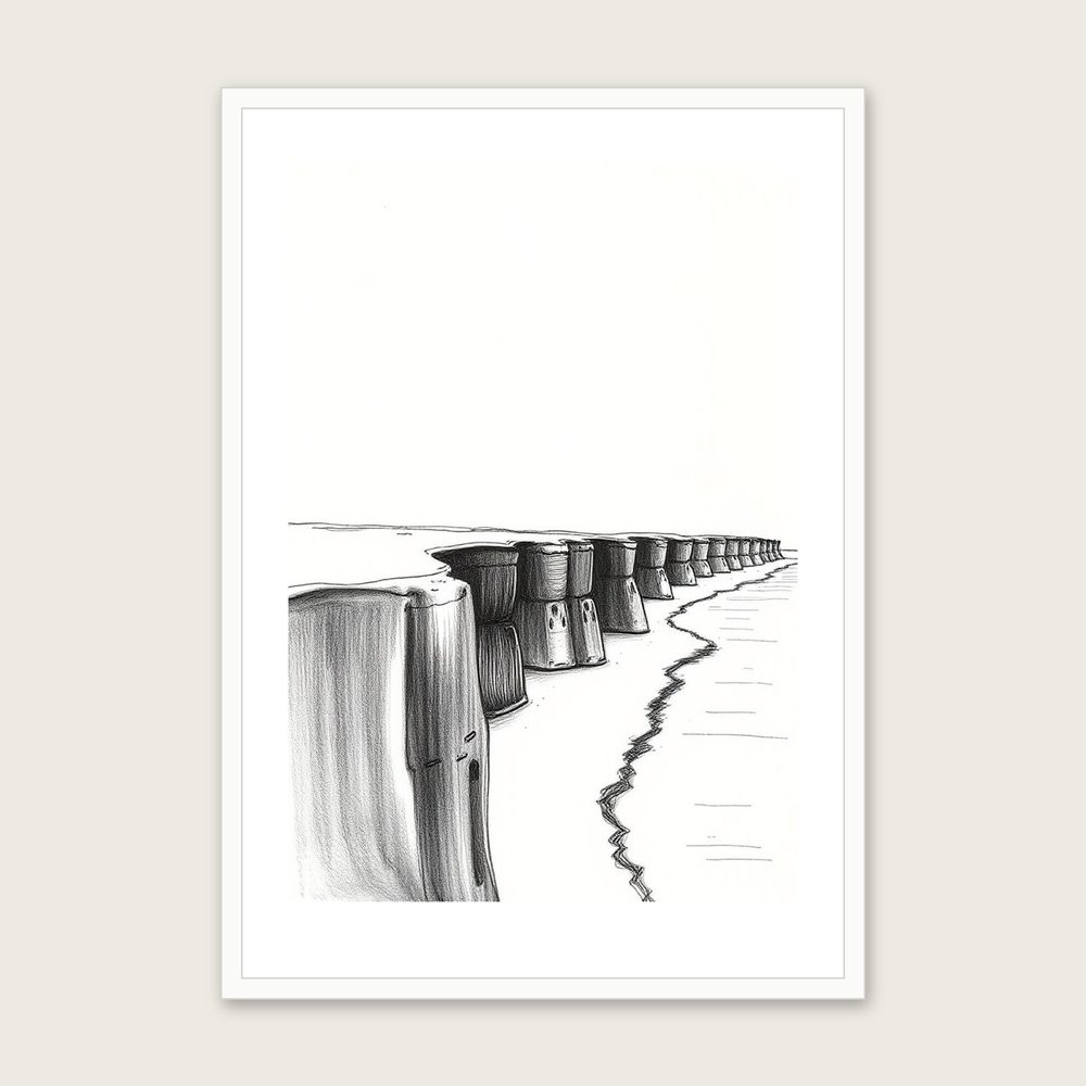 Framed Charcoal Print of Hunstanton Cliffs - Black & White Landscape Wall Art in a white frame