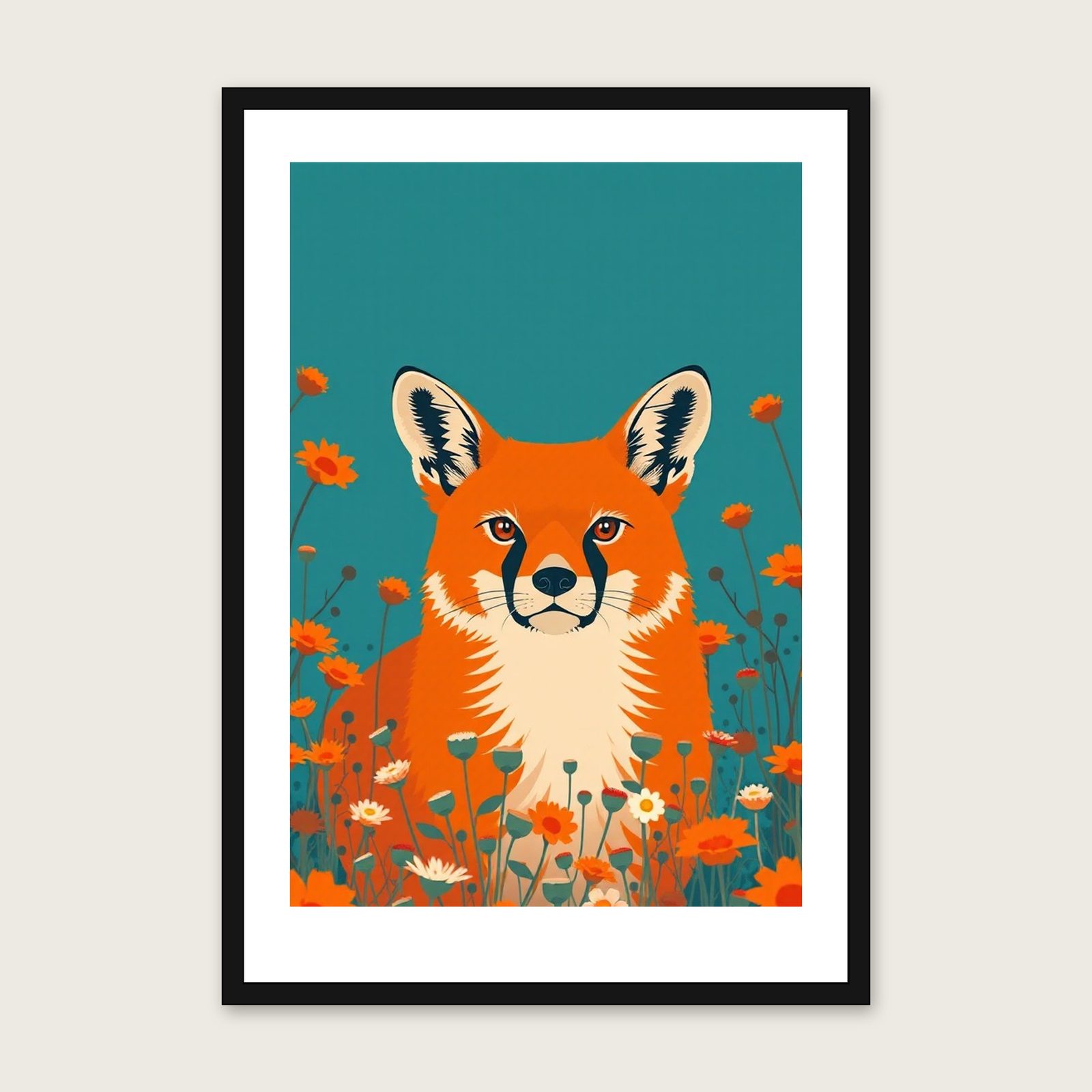 Framed Screen Print of Kishu Ken - Bold Colour Animal Wall Art shown in a black frame