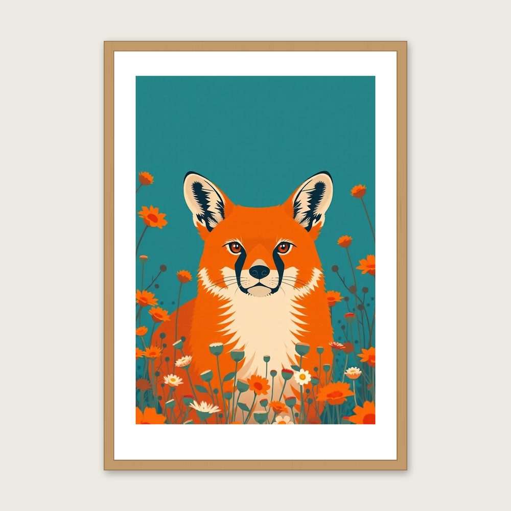 Framed Screen Print of Kishu Ken - Bold Colour Animal Wall Art in a oak frame