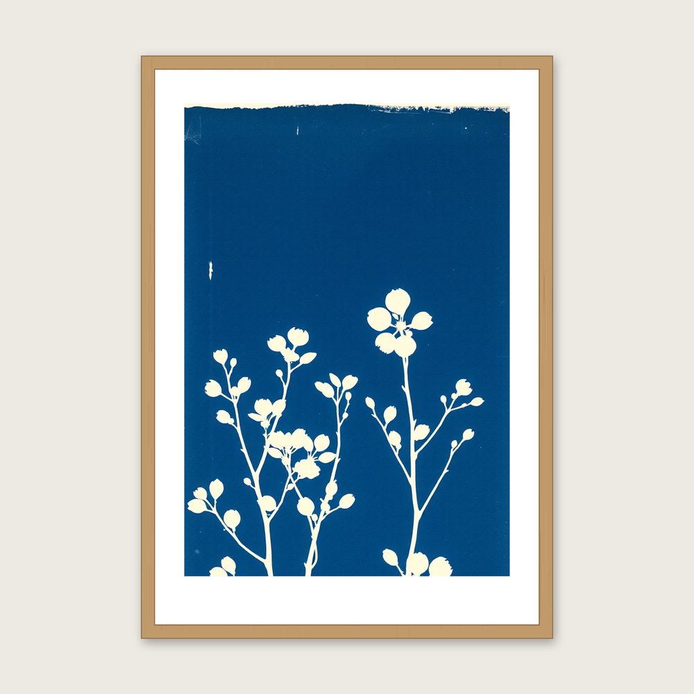 Dogwood Stems in Winter Cyanotype Wall Art - Framed Two Tone Print in a oak frame
