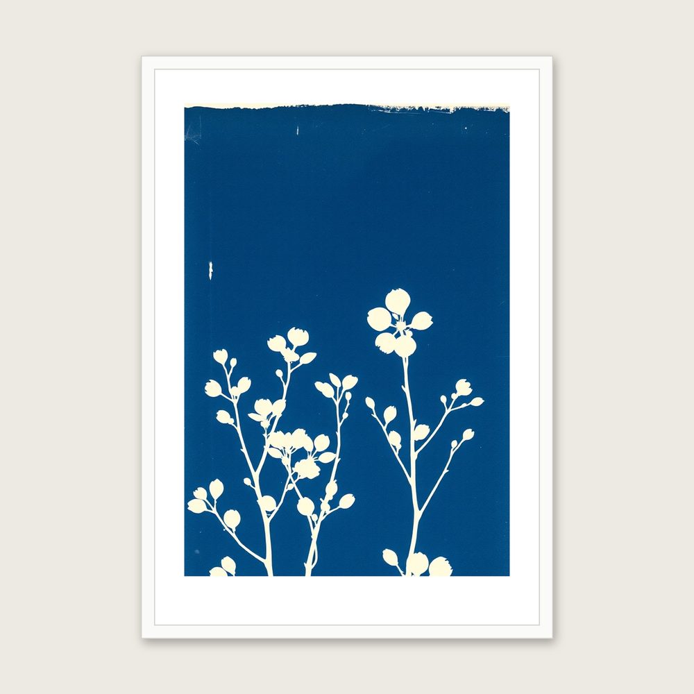 Dogwood Stems in Winter Cyanotype Wall Art - Framed Two Tone Print in a white frame