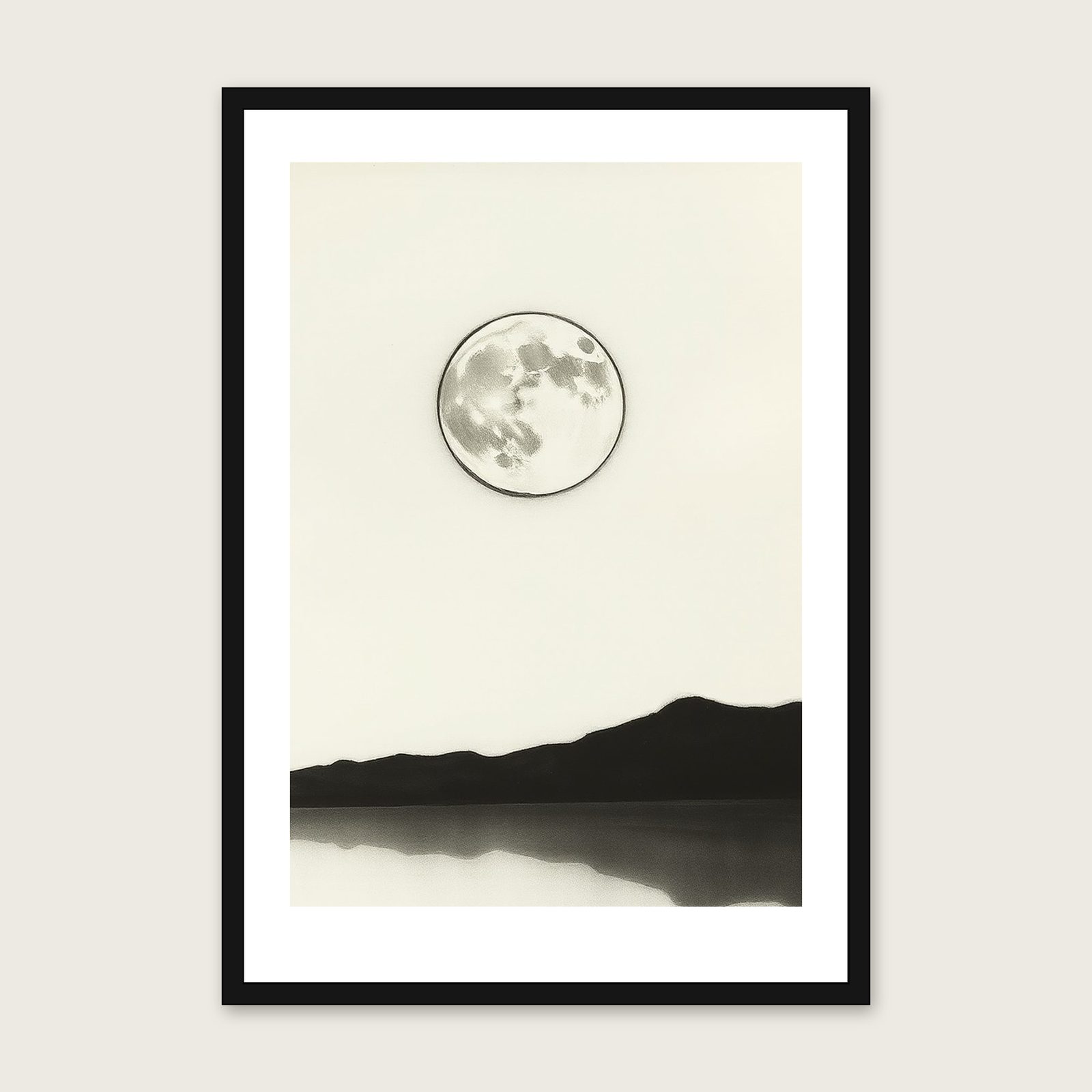 The Moon Reflected in a Still Lake - Framed Charcoal Celestial Print in Black & White - Black Frame, A3