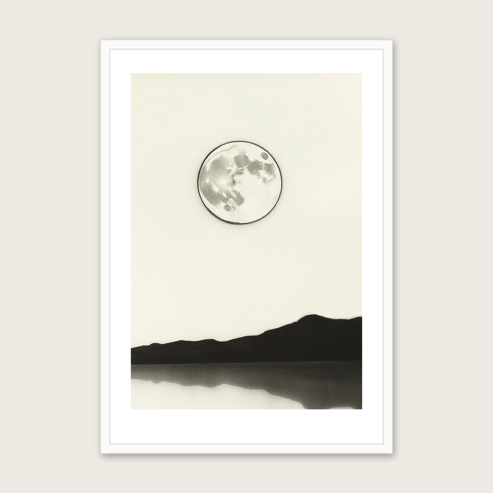 The Moon Reflected in a Still Lake - Framed Charcoal Celestial Print in Black & White - White Frame, A3