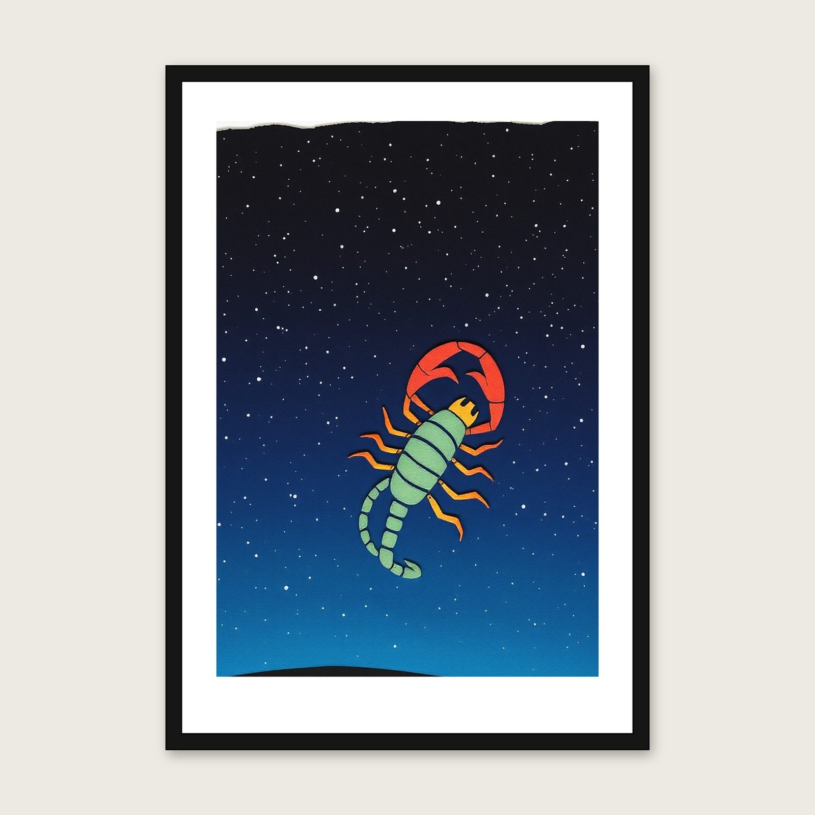 Framed Collage Print of The Constellation Scorpius - Colourful Celestial Wall Art shown in a black frame