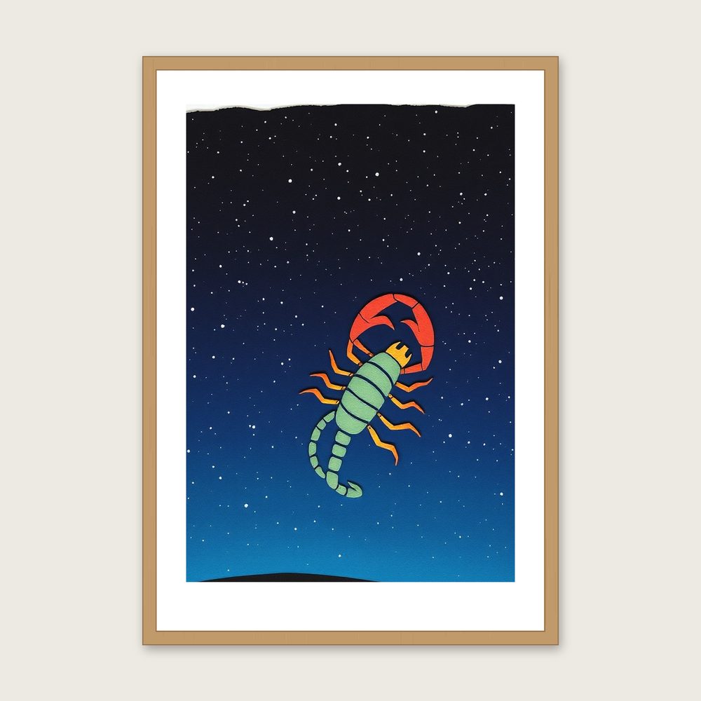 Framed Collage Print of The Constellation Scorpius - Colourful Celestial Wall Art - Oak Frame, A3