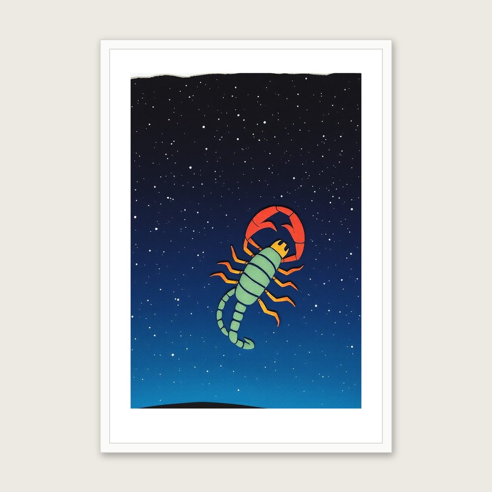 Framed Collage Print of The Constellation Scorpius - Colourful Celestial Wall Art - White Frame, A3