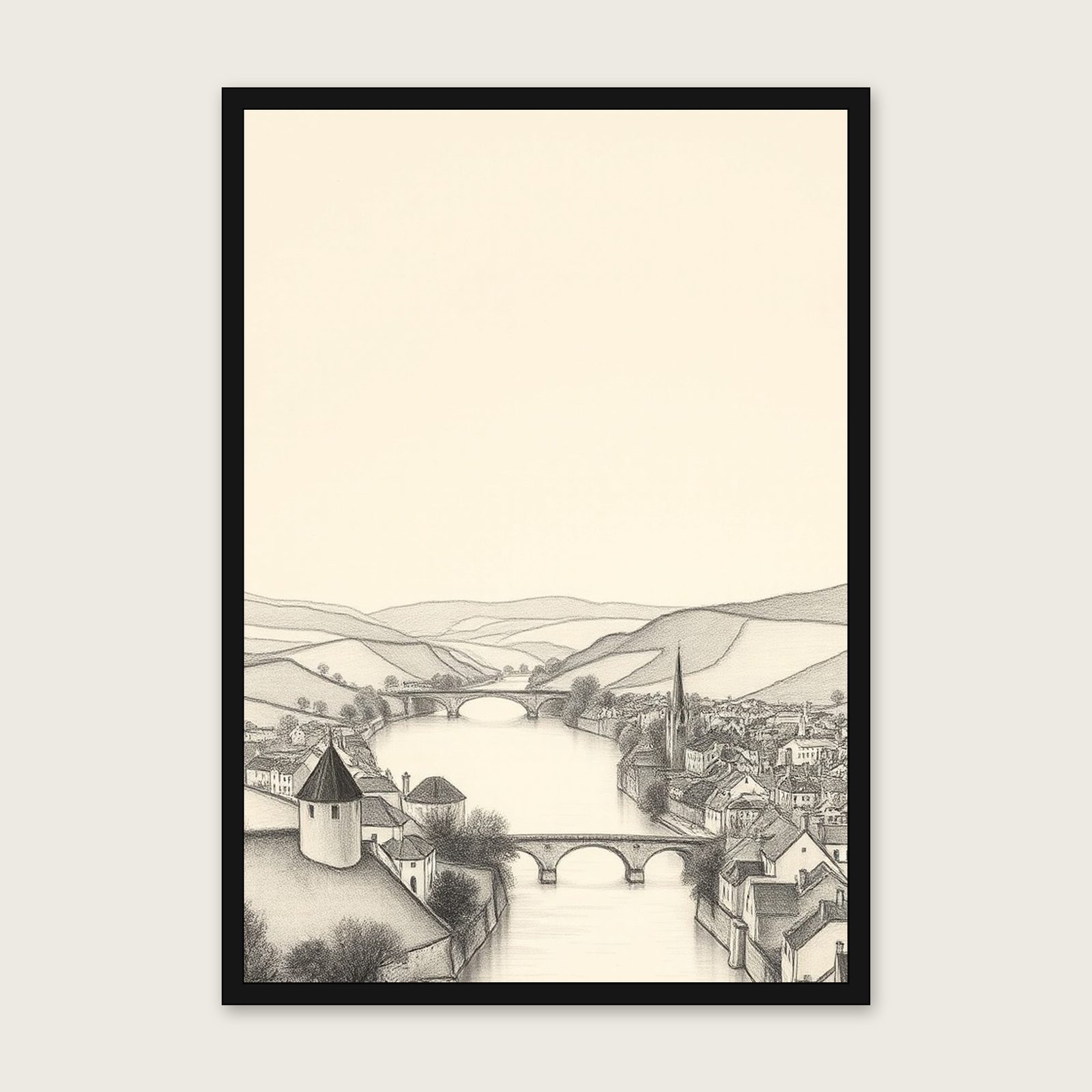 Framed Charcoal Print of The River Dart - Black & White Landscape Wall Art shown in a black frame
