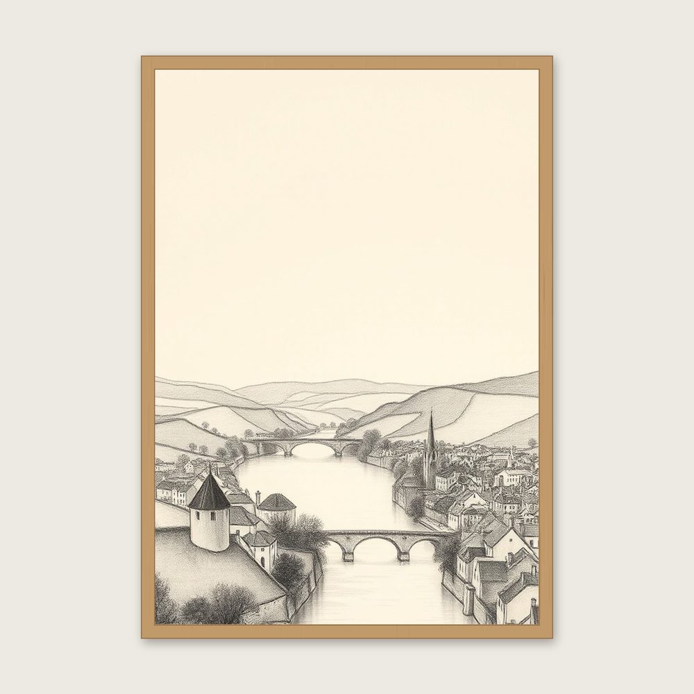 Framed Charcoal Print of The River Dart - Black & White Landscape Wall Art - Oak Frame, A3