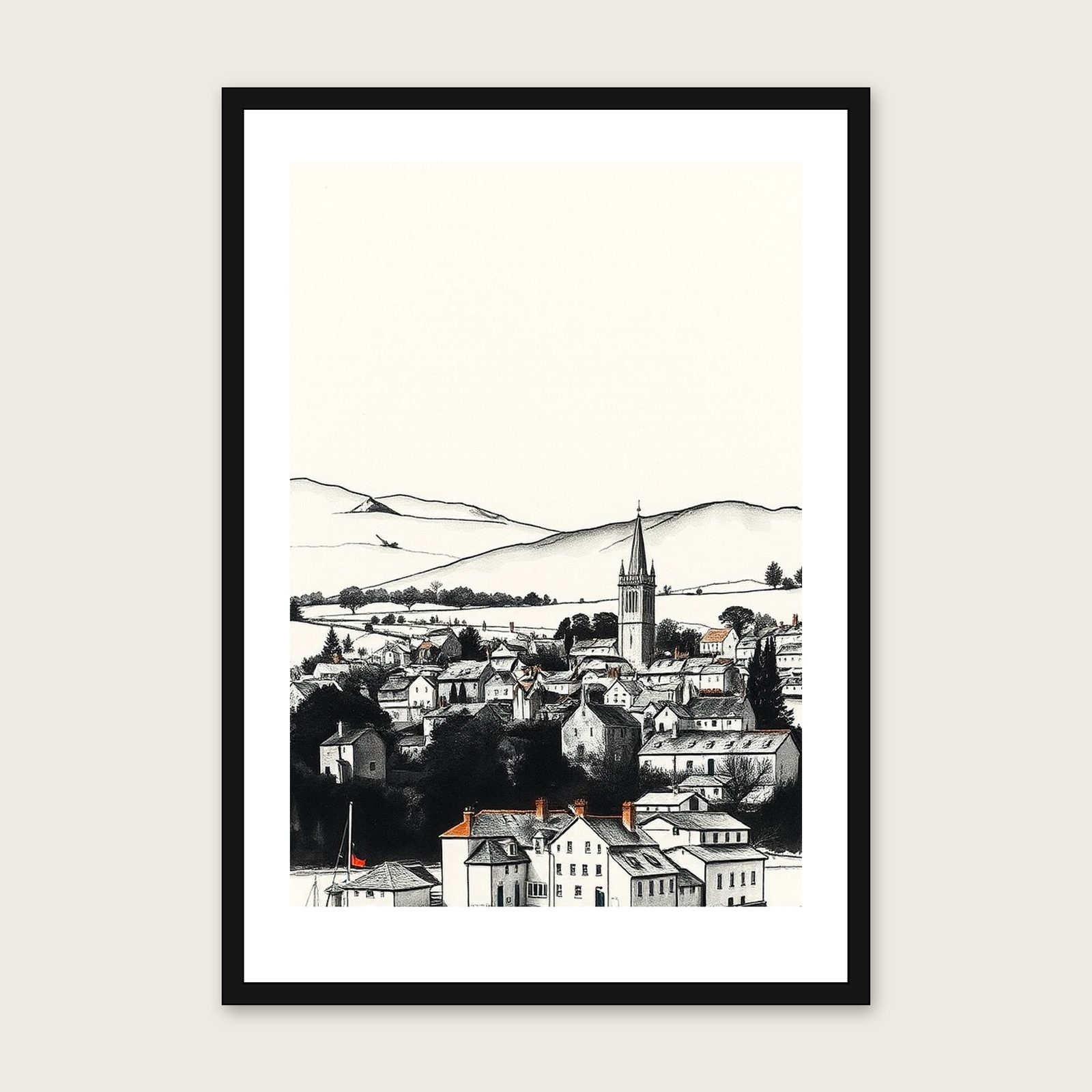 The Lake District - Framed Ink Wash Landscape Print in Neutral & Beige - Black Frame, A3