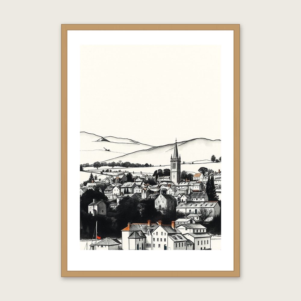 The Lake District - Framed Ink Wash Landscape Print in Neutral & Beige - Oak Frame, A3